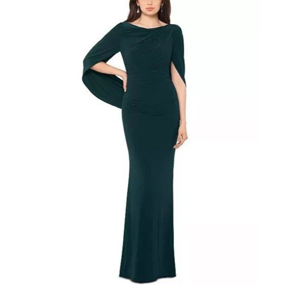 Betsy & Adam Long Jersey Ruched Drape Back Formal Gown sz 14 Forest Green - Picture 3 of 6